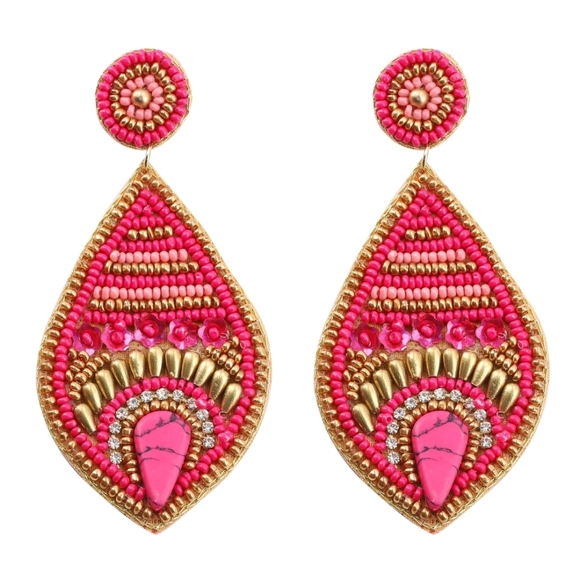 Pink & Gold Seed Bead Earrings. Big & Bold. 3.9" x 1.9" - Picture 1 of 5